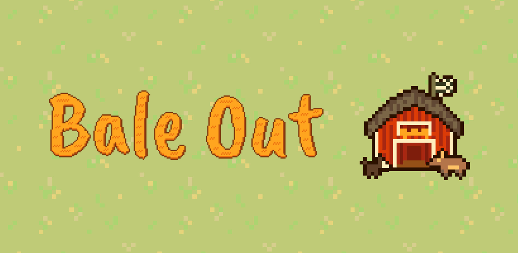 The Bale Out logo next to a red barn, a dog and a pig on green grass